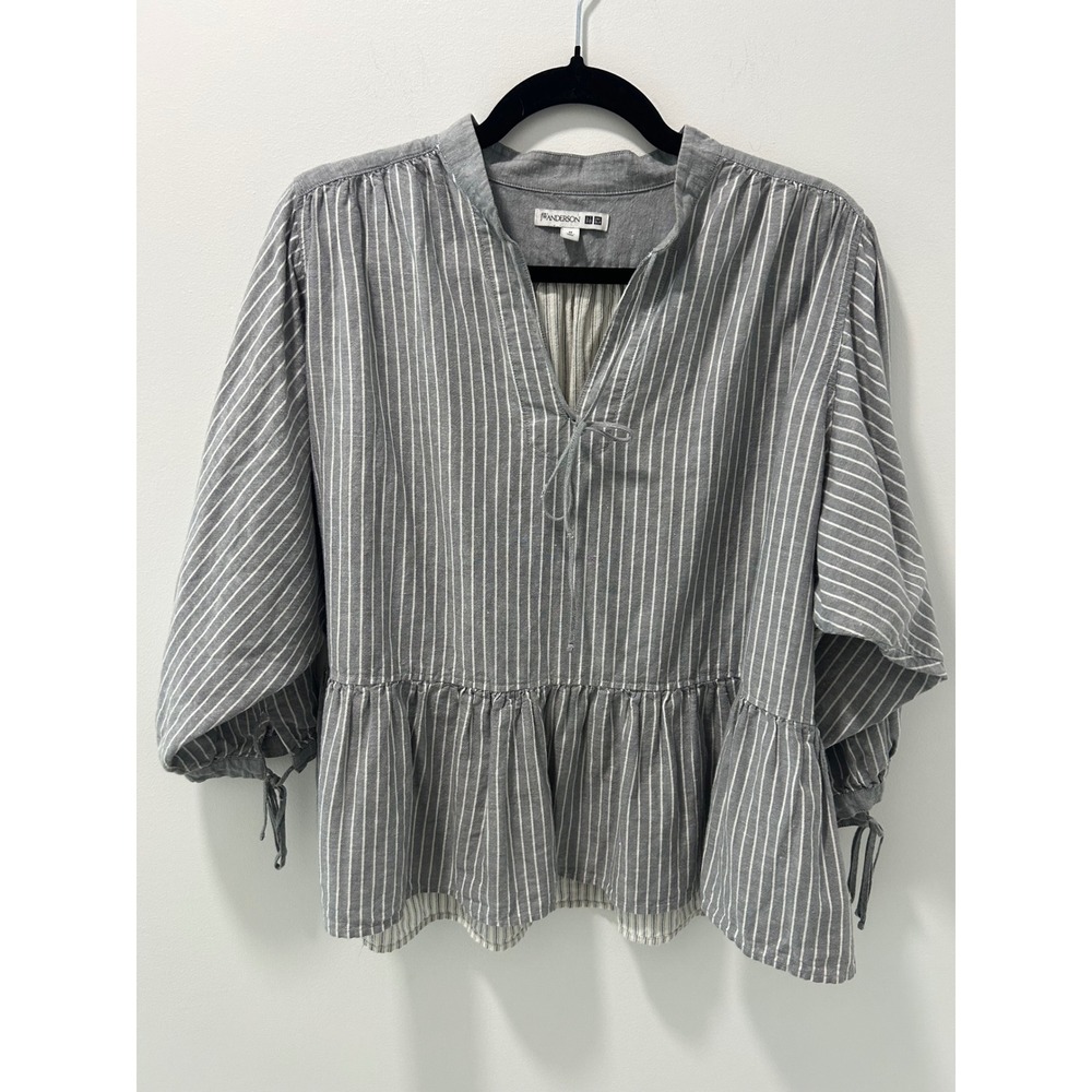 JW Anderson x Uniqlo Grey White Striped Linen Cotton Peplum Tie Blouse Top M - Picture 1 of 9
